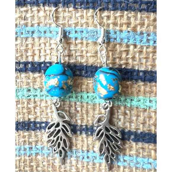 Handmade Blue & Gold Clay Bead Dangle Earrings with Silver Leaf Charm 2.75" Long - Picture 1 of 3